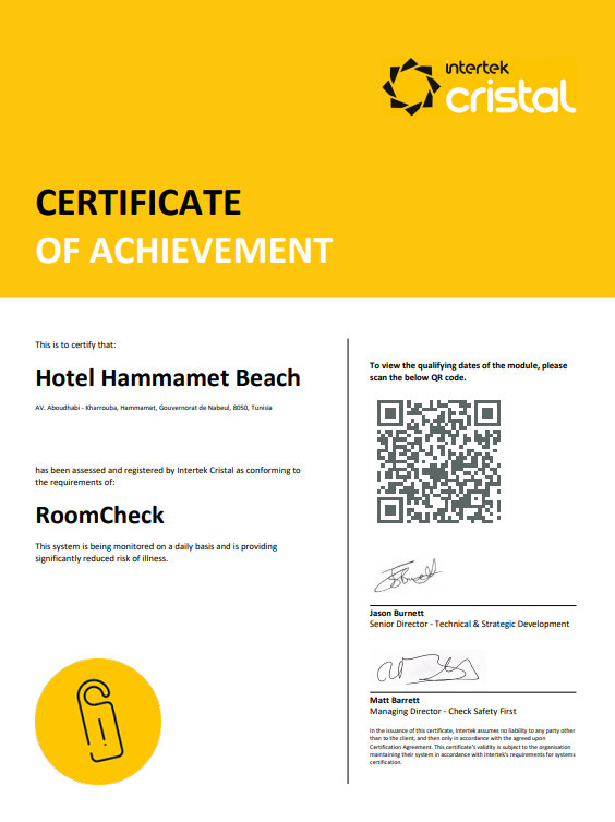 Certificat Intertek Cristal RoomCheck attestant l'hygiène et la propreté des chambres de l'Hôtel Hammamet Beach, Tunisie